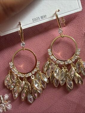 Gold Hoop Chandelier Earrings with Clear Crystal Leaves